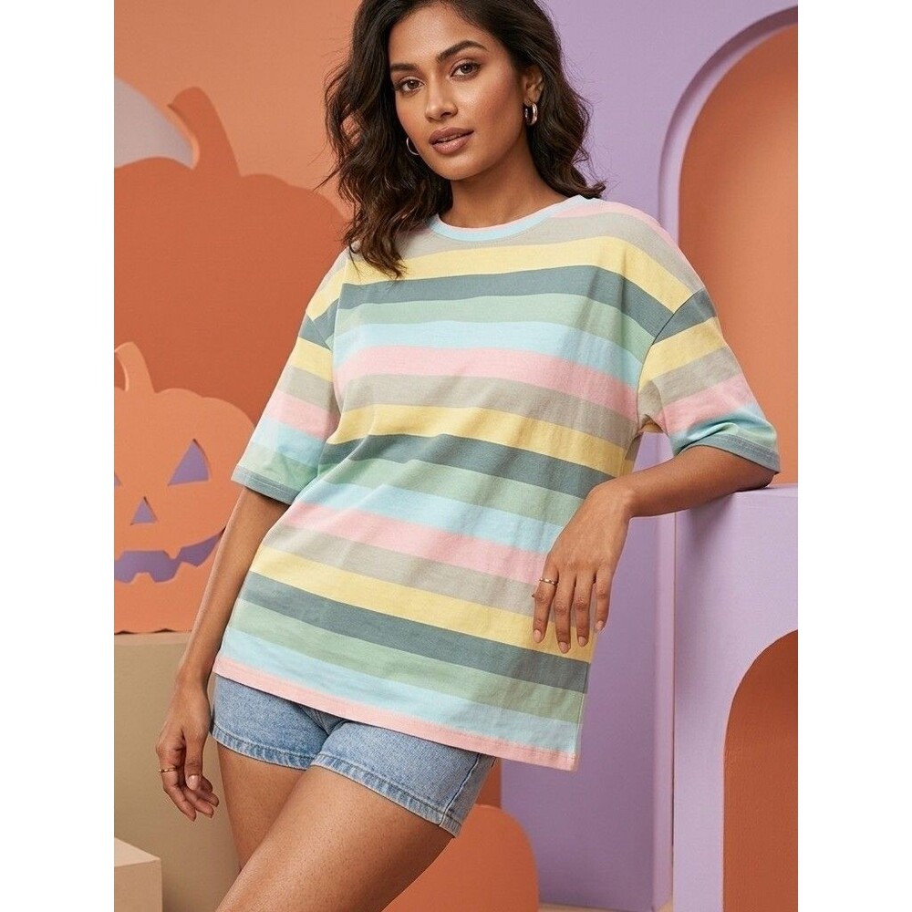 Pastel Striped Relaxed Tee - Women's Multicolor